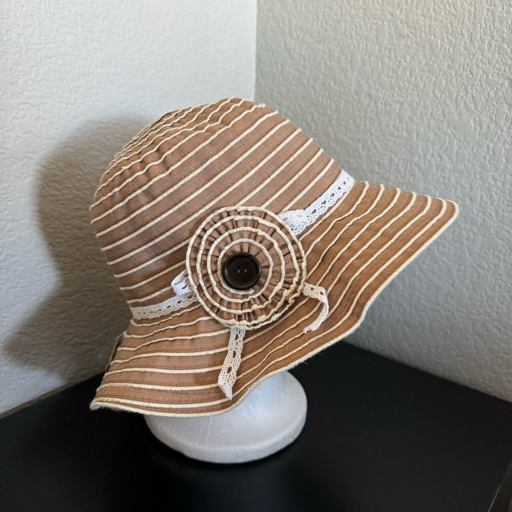 Kallina Brown White Embellished Striped Round Sun Hat NWT